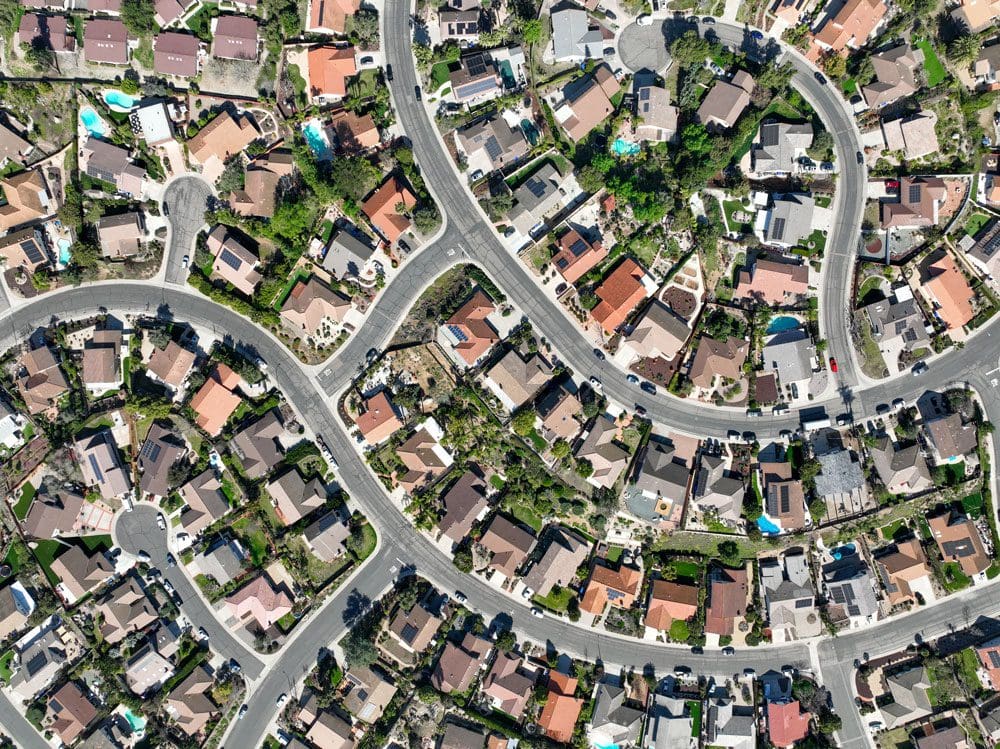 Aerial top view of clean HOA streets in California